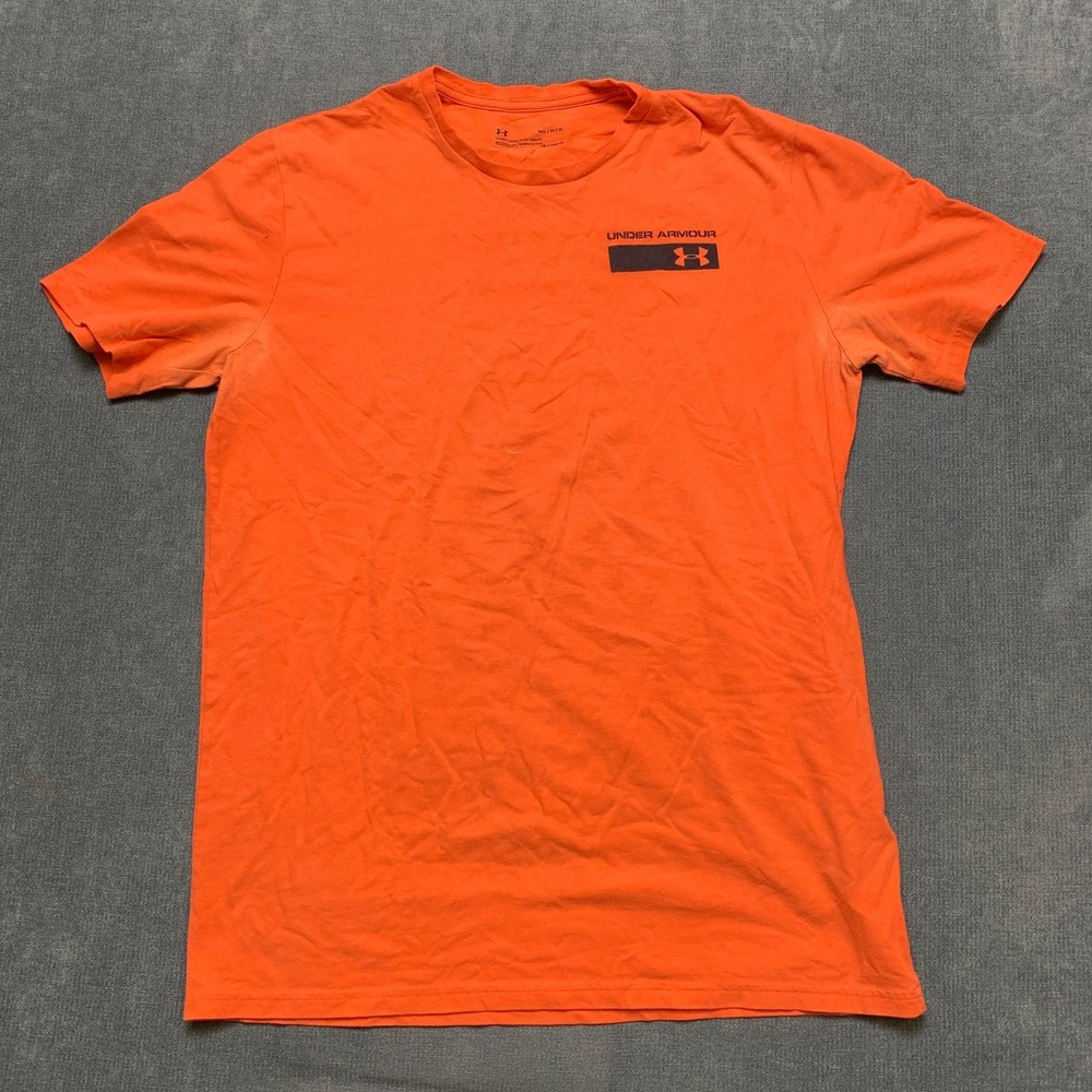 Under Armour Heatgear T Shirt Mens Medium Orange Crew Neck Pullover Loose Fit
